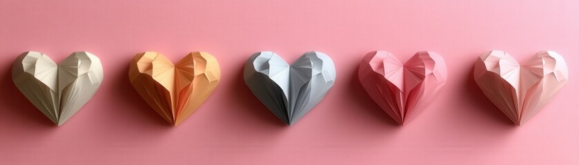 Poster - Row of folded paper hearts arranged on a soft pink background for creative decoration or crafting projects valentine day