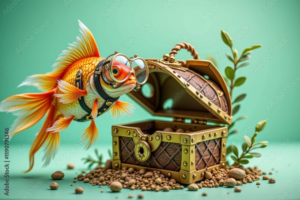 Curated visual reference: Visual Reference: Goldfish With Goggles Peeking Out From Treasure Chest Excited Mood