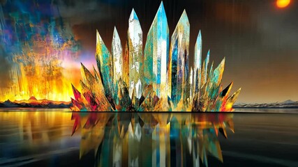 Wall Mural - Stunning crystal formation reflected in tranquil waters under a dramatic sky during sunset
