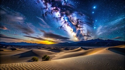 Starry Nevada Desert Night Landscape - Dramatic Night Sky Over Mesquite Flats Sand Dunes