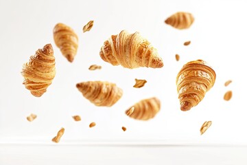 Freshly baked croissant flying in the air, isolated on a white background. French croissants flying in the air isolated.