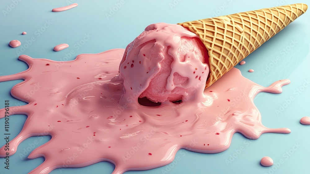 Pink ice cream melts and pours out of a waffle cone on a blue ...