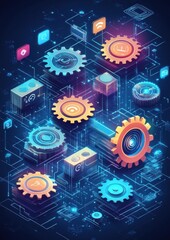 Poster - isometric illustration showcasing digital gears and futuristic connectivity concepts