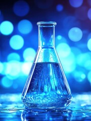 scientific flask with chemical liquid, set against a futuristic blue bokeh background. free copy spa