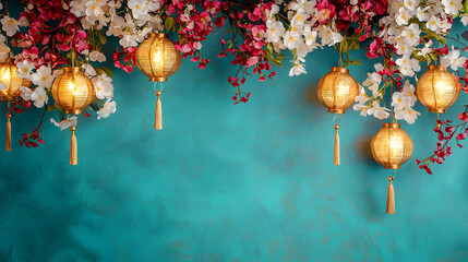 Wall Mural - Festive lanterns and blossoms vibrant decor indoor space cheerful atmosphere close-up view cultural celebration