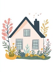Poster - Warm and cozy silhouette of a house with a vibrant garden showcasing natures beauty and tranquility. Generative AI