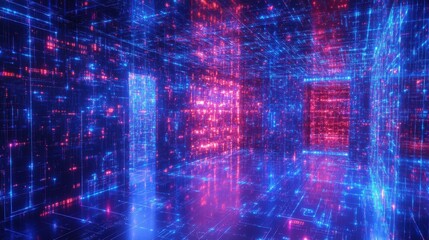 Poster - digital circuit board-like structure with glowing blue and red lights, representing data flow, techn