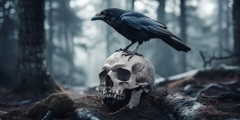 A haunting scene of a raven perched atop a human skull in a misty forest. The dark, moody atmosphere evokes a sense of mystery and foreboding.