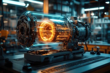 Poster - Futuristic depiction of an electrical motor with radiating energy in a laboratory