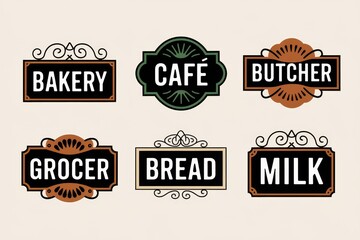 Wall Mural - Vintage Shop Signs Collection Featuring Bakery Cafe Butcher Grocer Bread and Milk