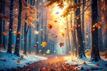 Poster - Surreal Autumn Snowfall: Dreamlike Winter Landscape with Falling Leaves