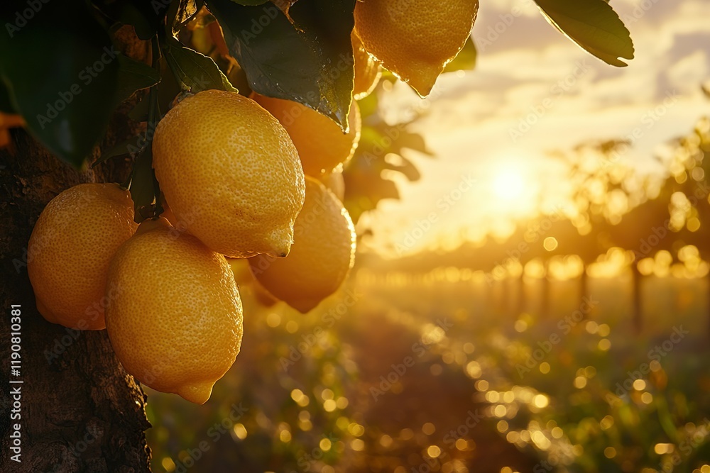 Photo of fresh, ripe lemons hanging on a lemon tree in a lemon orchard in the evening sunset.