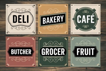 Wall Mural - Six Vintage Style Shop Signs Displayed on Wood