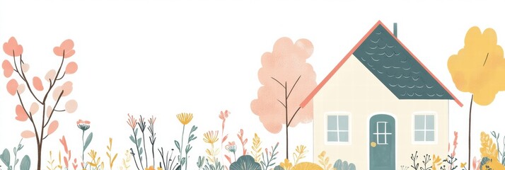Poster - Cozy silhouette of a house surrounded by a vibrant garden in an inviting and warm atmosphere. Generative AI