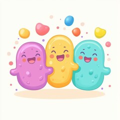 Aufkleber - Smiling cartoon microbes celebrating together in a joyful, colorful setting with playful bubbles floating around. Generative AI