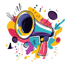 Aufkleber - A stylized illustration of a megaphone surrounded by vibrant abstract shapes and colors symbolizing powerful communication.