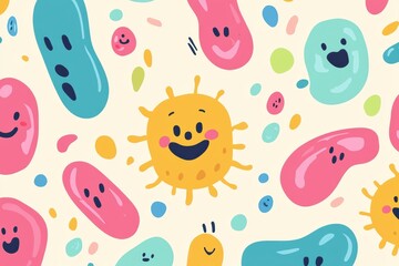 Wall Mural - Smiling cartoon microbes with vibrant colors creating a joyful background pattern full of life and energy. Generative AI