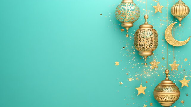 Festive Ramadan background with a turquoise gradient, showcasing hanging gold lanterns, crescent moons, and delicate starry details across the surface. Horizontal banner, copy space, greeting card