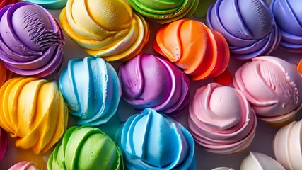 Poster - Collection of colorful ice cream balls, each with a unique hue, are arranged in a row. The ice cream balls are of various sizes and are placed close to one another