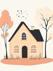 Poster - Charming silhouette of a cozy house with a garden under a warm atmosphere with trees and birds in the sky. Generative AI