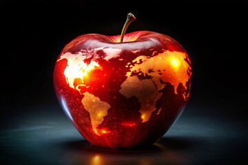Poster - Long Exposure Red Apple World Map - Global Connectivity Concept Stock Photo