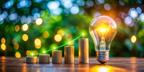 Poster - Tilt-Shift Photo: Glowing Lightbulb & Business Growth Bar Graph - Innovation Concept