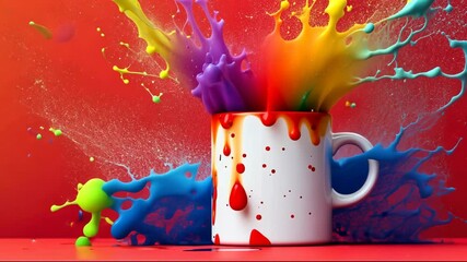 Poster - White coffee cup with splatters of paint on it. The splatters are in various colors, including red, blue, and yellow. The cup appears to be a work of art