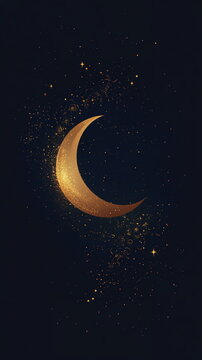 Minimalist Ramadan design with a deep black background, featuring a central gold crescent moon, glowing stars, and subtle decorative patterns. Vertical social media post, reels, stories