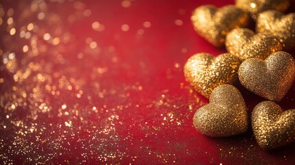 Wall Mural - A cluster of gold glitter hearts arranged on a vibrant red background for festive decor or design purposes valentine day