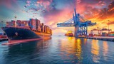 A bustling seaport at twilight with cranes loading containers onto a large ship