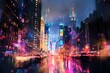 © Puchong - Vibrant digital painting of a futuristic city street at night, reflecting neon lights in wet pavement.  Cyberpunk aesthetic.