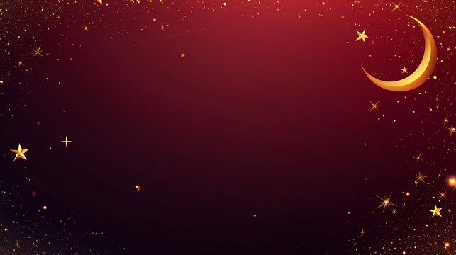Modern Ramadan abstract background with a rich burgundy base, featuring golden geometric shapes, crescent moon details, and scattered glowing star motifs. Horizontal banner, copy space, greeting card