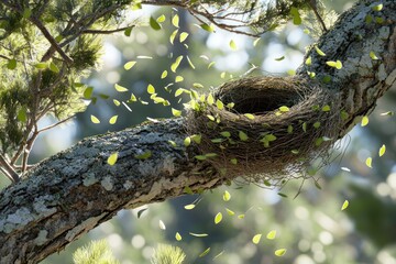 Wall Mural - Empty Bird Nest on Tree Branch Surrounded by Colorful Falling Leaves in Forest Setting