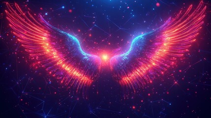 Poster - Bright red and blue wing with glowing sparks against a dark background in a fantasy setting valentine day