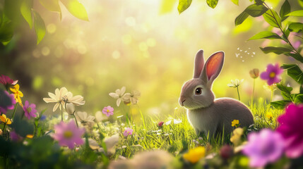 Playful rabbit sitting in green grass surrounded by colorful spring flowers in a vibrant natural setting