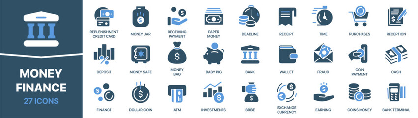 Poster - Money and finance colored signed icon collection. Bank, cash, wallet, bribe icons. UI icon set. Colored icons pack. Vector illustration EPS10