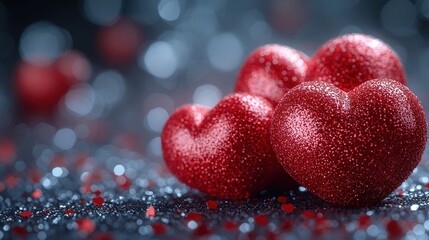 Poster - Three red hearts arranged on a solid black background for a romantic design or digital artwork valentine day
