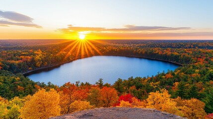 Wall Mural - a vibrant sunset over a serene lake surrounded by colorful autumn foliage creates a picturesque natu