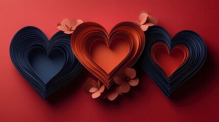 Poster - Three hearts made out of folded paper on a wooden surface in a creative arrangement valentine day