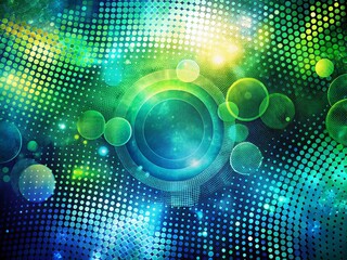 Poster - Vibrant Blue Green Halftone Circle Abstract Background Double Exposure Stock Photo