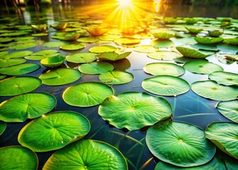 Wall Mural - Lush Green Water Lily Pads - Vibrant Aquatic Plants Close Up