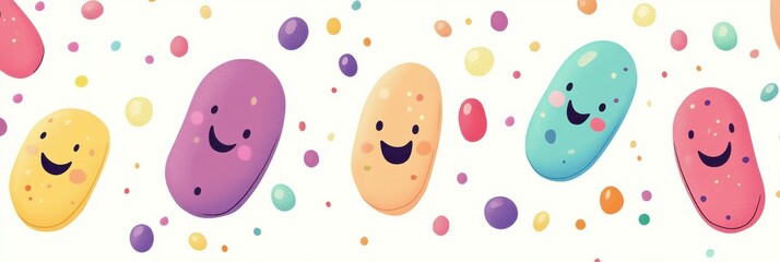 Aufkleber - Cartoon microbes with smiles float in a colorful background of cheerful dots and vibrant hues. Generative AI