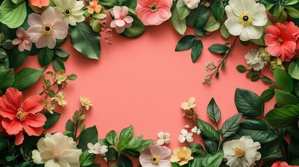 Poster - Pink background featuring various flowers and leaves with a soft and delicate aesthetic valentine day