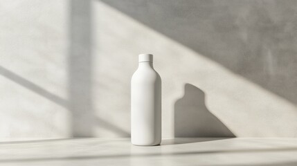 Wall Mural - White bottle on a light surface, sunlit background.