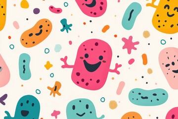 Aufkleber - Colorful and cheerful cartoon microbes celebrating life in a vibrant background. Generative AI