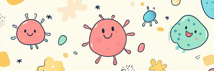 Aufkleber - Colorful smiling cartoon microbes celebrating in a lively background with cheerful patterns and colors. Generative AI