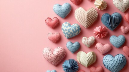Poster - Colorful paper hearts scattered on a vibrant pink background for decoration or crafts valentine day