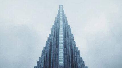 Wall Mural - towering spire rises into misty sky, glowing with ethereal light