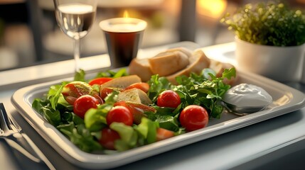 A beautifully arranged fresh salad with cherry tomatoes, mixed greens, and a side of bread on a tray, accompanied by a glass of wine and a candle, set in a cozy dining environment