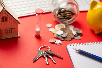 Canvas Print - House model, coins, keys. Real estate